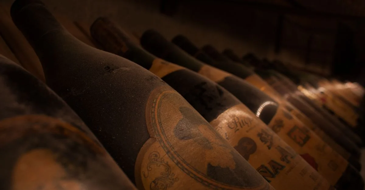 Una hilera de botellas de vino añejo, cubiertas de polvo, en una bodega con poca luz, evidencian su antigüedad y rareza.