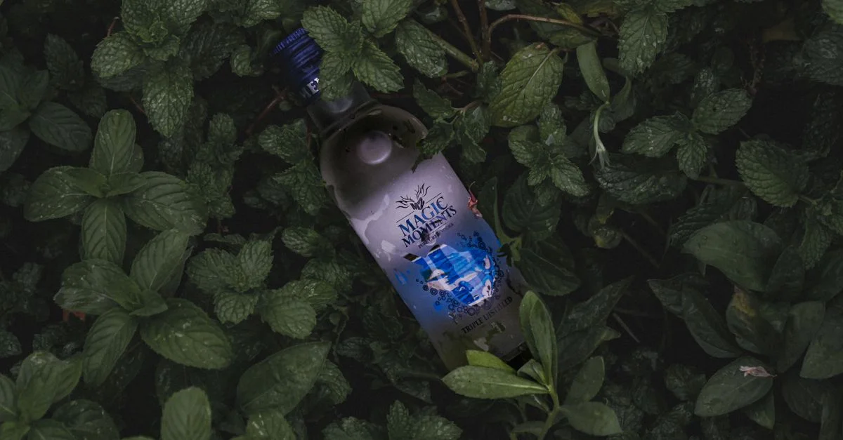 Naturaleza muerta de estilo sombrío con una botella de vodka acomodada entre hojas de menta frescas, creando una estética oscura y orgánica.