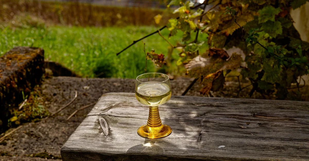 Verre de vin blanc sur une table vintage en extérieur dans un cadre de vignoble sous le soleil.