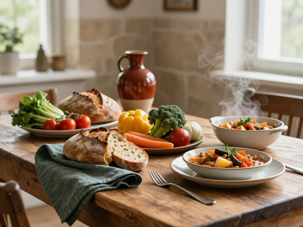 Mesa rústica con verduras frescas, pan artesanal y platos caseros bajo luz natural de mañana.